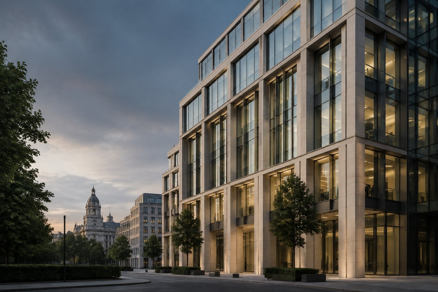 Contemporary institutional office property in London at dusk
